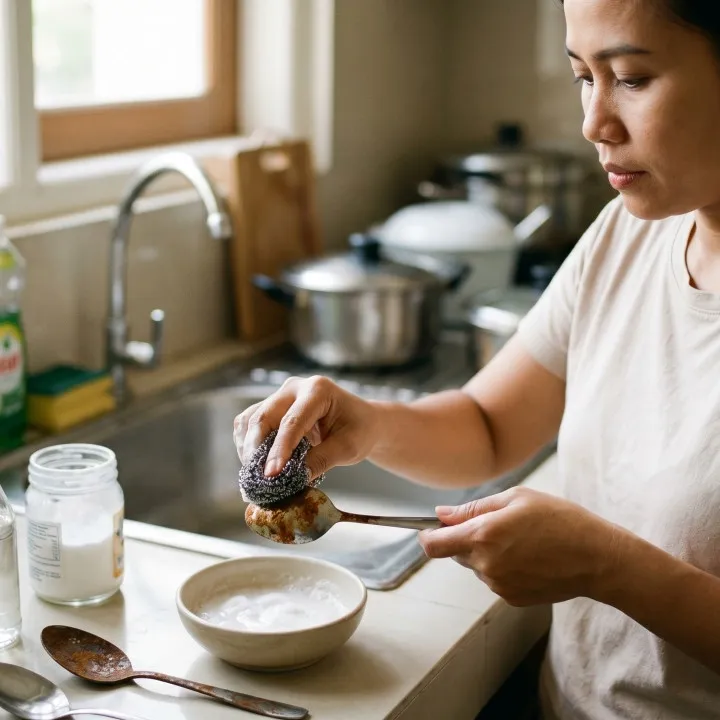 Trik anti ribet atasi sendok berkarat, modal 2 bahan dapur yang selalu ada tanpa rendam air panas