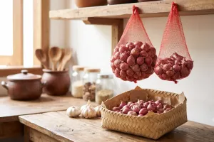Wadah terbaik menyimpan bawang merah: Jaring, keranjang, plastik, atau stoples?