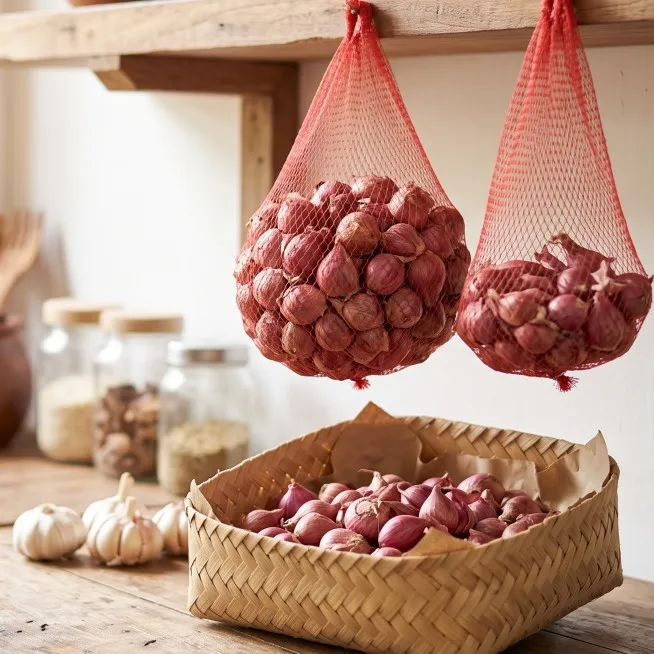 Wadah terbaik menyimpan bawang merah: Jaring, keranjang, plastik, atau stoples?