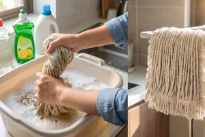 Cara mencuci kain pel yang berminyak setelah mengepel dapur, cukup pakai tambahan 1 bahan dapur