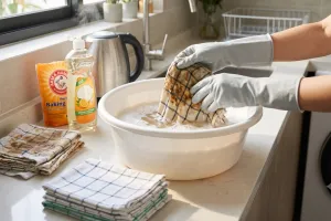 Trik membersihkan lap dapur penuh minyak tanpa merusak mesin cuci