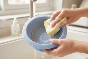 Cara mencuci mangkuk silikon bayi yang terasa licin akibat lemak makanan tanpa menggosok terlalu keras