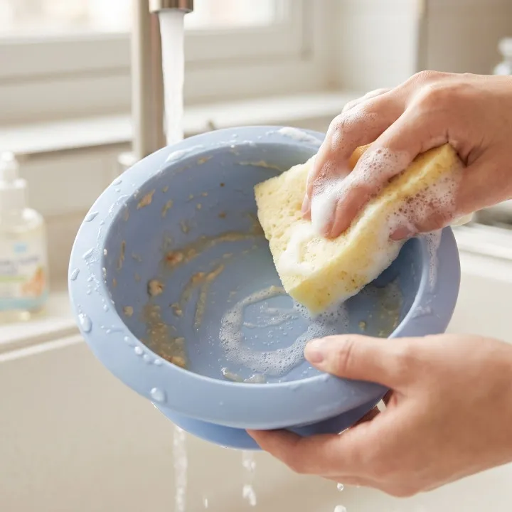 Cara mencuci mangkuk silikon bayi yang terasa licin akibat lemak makanan tanpa menggosok terlalu keras
