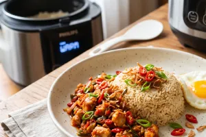 Resep nasi gurih ayam pedas masak pakai rice cooker yang lezat, tinggal pencet cook langsung jadi