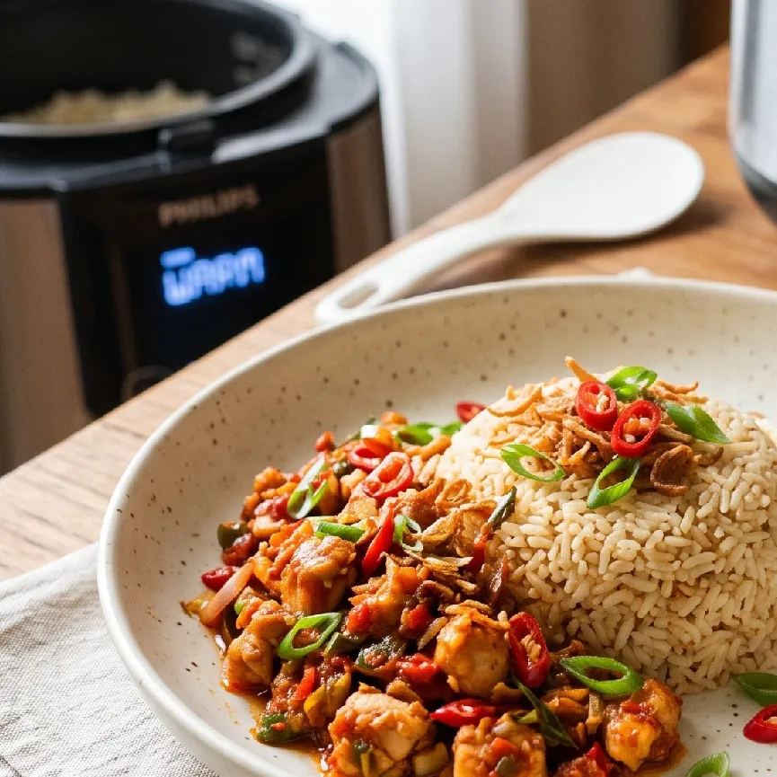 Resep nasi gurih ayam pedas masak pakai rice cooker yang lezat, tinggal pencet cook langsung jadi