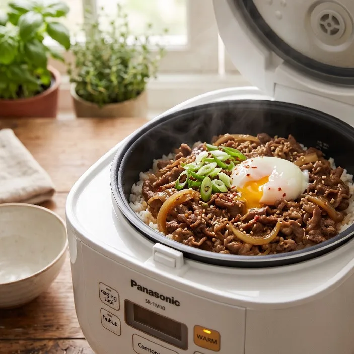 Resep nasi beef ala Yoshinoya pakai rice cooker yang tinggal cemplung saja, lezatnya praktis