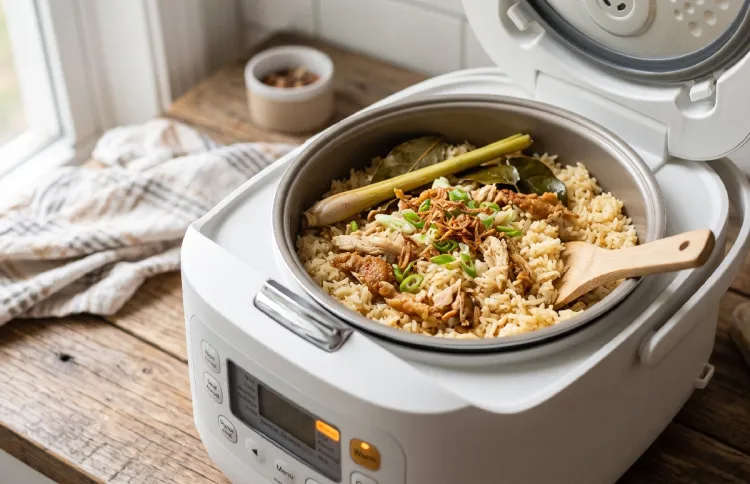 Punya ayam goreng tepung sisa semalam? Yuk buat nasi gurih suwir ayam cuma pakai rice cooker