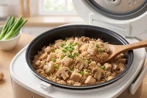 Resep nasi ayam jamur rice cooker tanpa tumis, semua bahan masuk sekaligus, gurih dan praktis