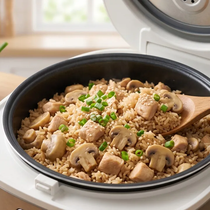 Resep nasi ayam jamur rice cooker tanpa tumis, semua bahan masuk sekaligus, gurih dan praktis
