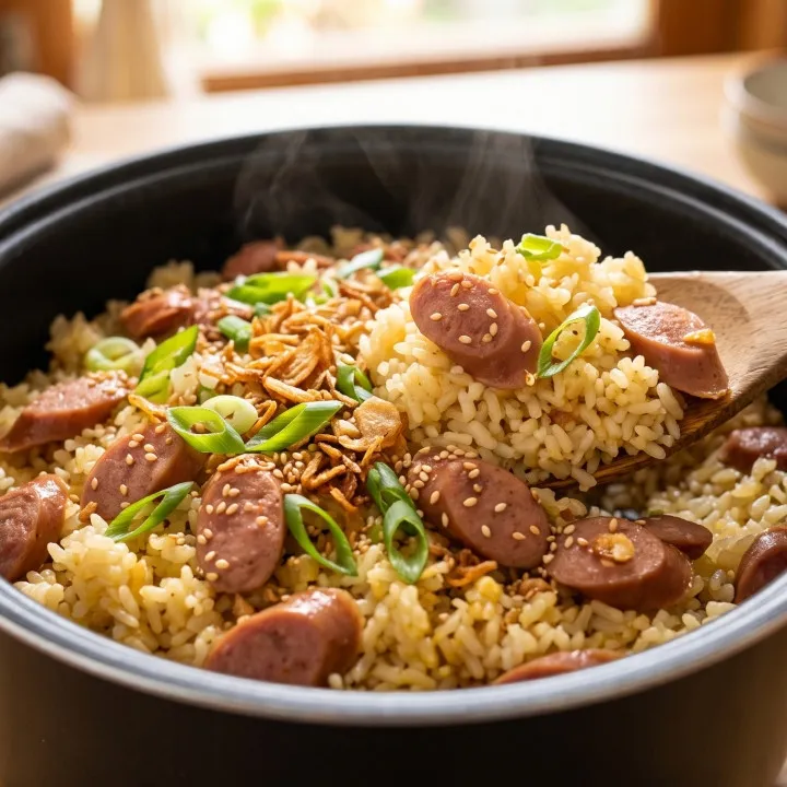 Resep nasi sosis mentega rice cooker, semua bahan masuk sekaligus, rasa sedap maksimal
