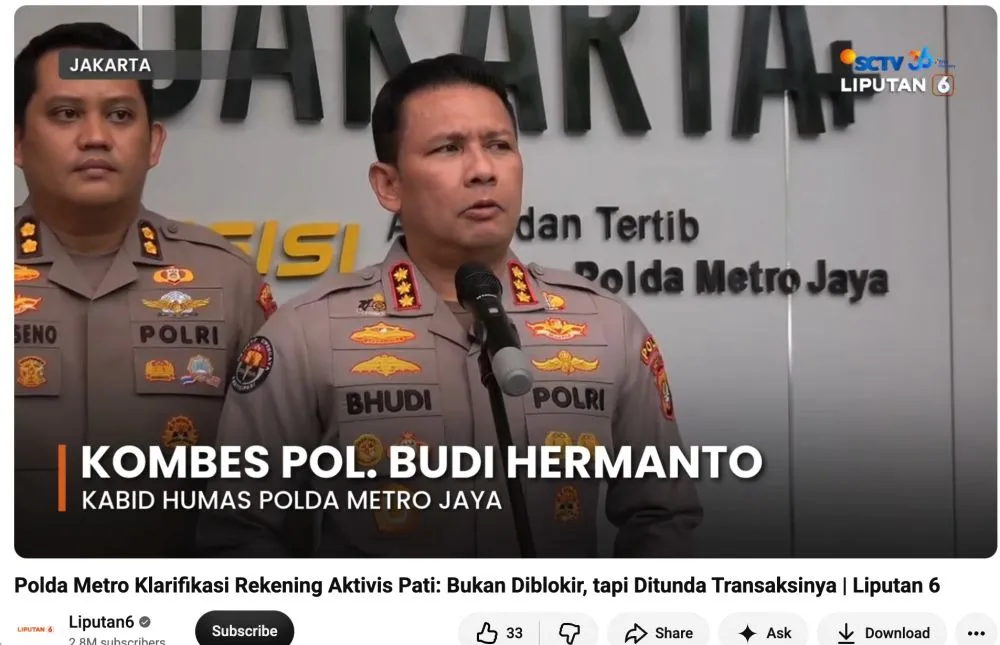 Polda Metro Jaya buka suara pemblokiran rekening Supriyono alias Botok © 2026