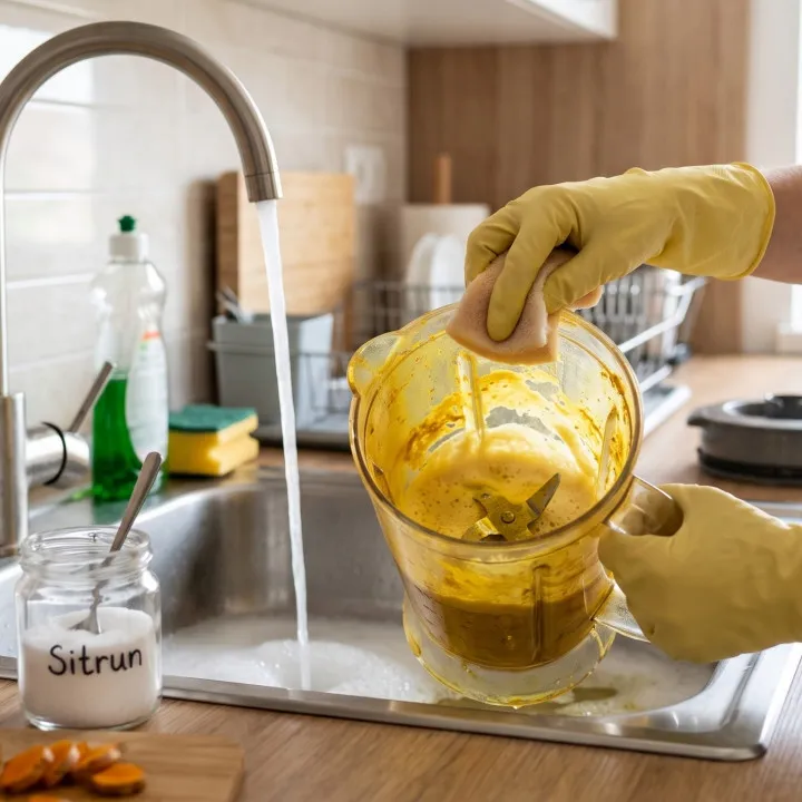 Blender kuning bekas kunyit susah hilang? Coba cara ini dengan baking soda dan sitrun