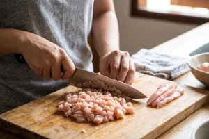 Daging ayam bisa halus tanpa blender, kuncinya potong tipis lalu cincang dengan cara ini