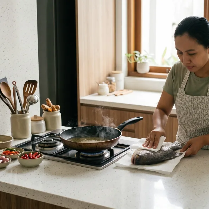 Solusi mengatasi minyak goreng meletup-letup saat goreng ikan basah tanpa perlu tutup wajan