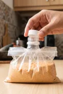 Potong leher botol plastik bekas beserta tutupnya: Trik bikin bungkusan bumbu dapur auto kedap udara