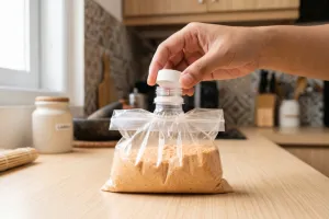 Potong leher botol plastik bekas beserta tutupnya: Trik bikin bungkusan bumbu dapur auto kedap udara