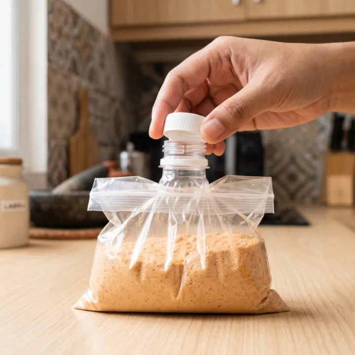 Potong leher botol plastik bekas beserta tutupnya: Trik bikin bungkusan bumbu dapur auto kedap udara