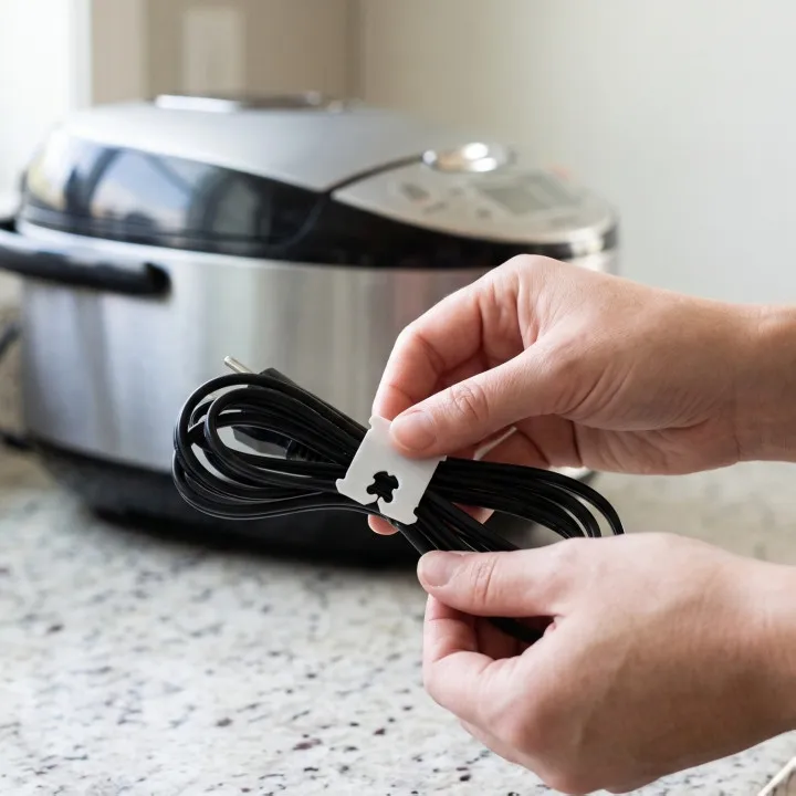 Klip bekas bungkus roti bisa dipakai untuk merapikan kabel rice cooker dan peralatan dapur