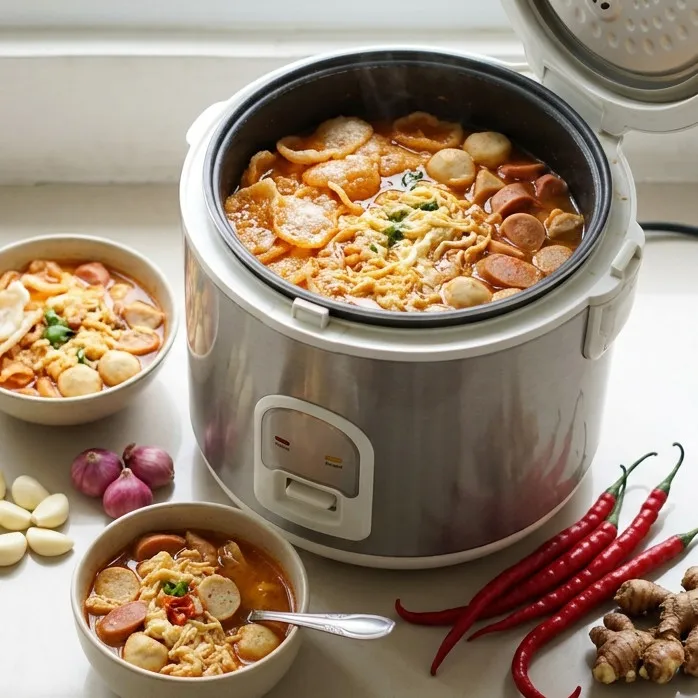 Resep seblak pedas rice cooker untuk anak kos, kuah kental dan kerupuk tidak lembek