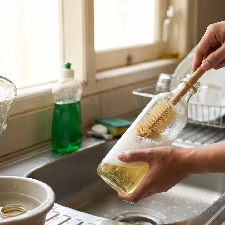 Bau tengik botol minyak bekas agar bisa dipakai kembali, cuci bagian ini