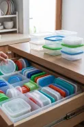 Cara menyimpan tutup wadah makanan agar rapi, susun tegak pakai sekat sederhana
