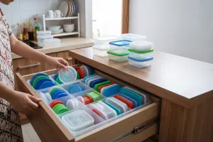 Cara menyimpan tutup wadah makanan agar rapi, susun tegak pakai sekat sederhana