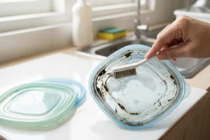 Cara membersihkan celah tutup wadah makanan yang menghitam, cukup pakai sikat kecil