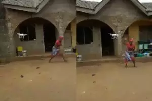 Ekspresi panik emak-emak saat lihat drone terbang, sampai terjatuh